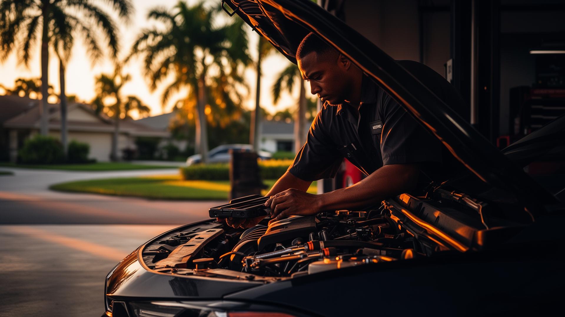 Mobile mechanic working on car at home